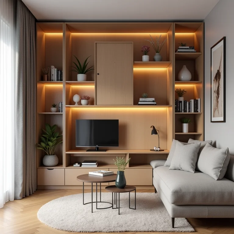 Apartamento compacto com soluções de móveis que economizam espaço