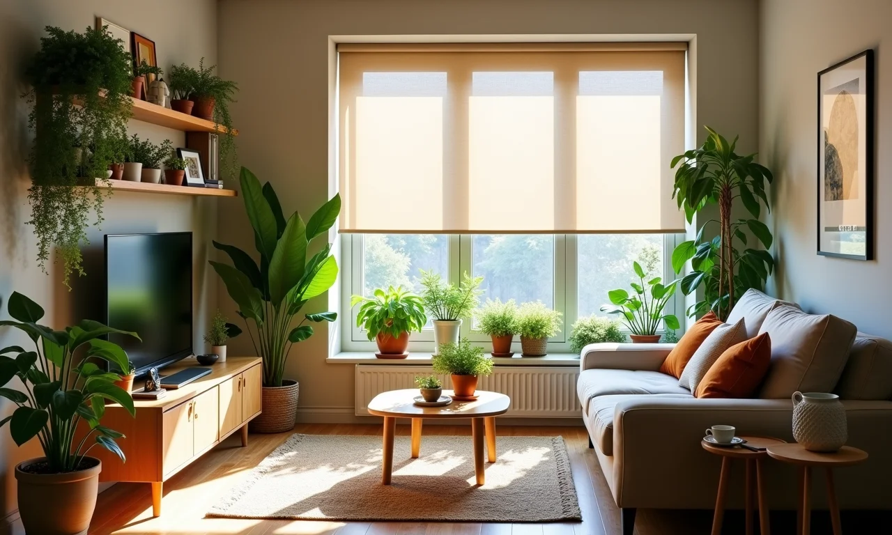 Apartamento pequeno com persianas rolô otimizando o espaço.