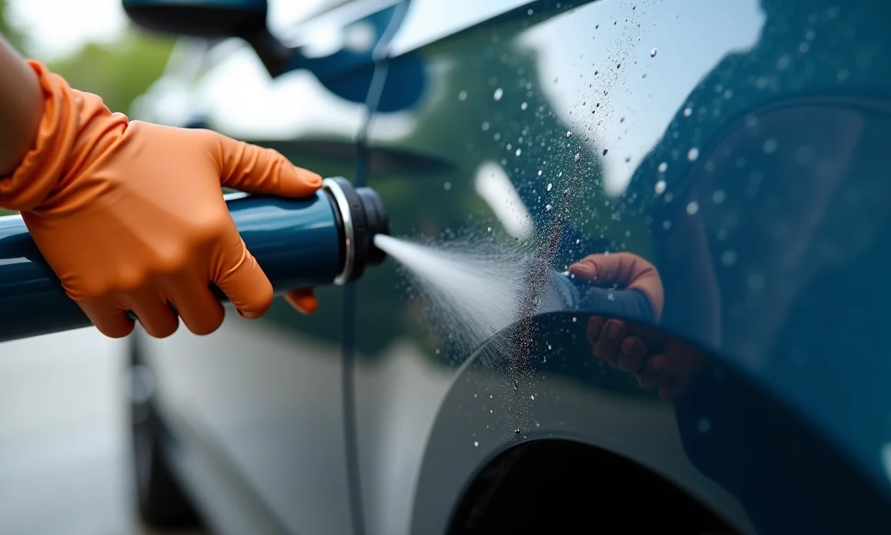 Aplicando removedor de piche no carro.