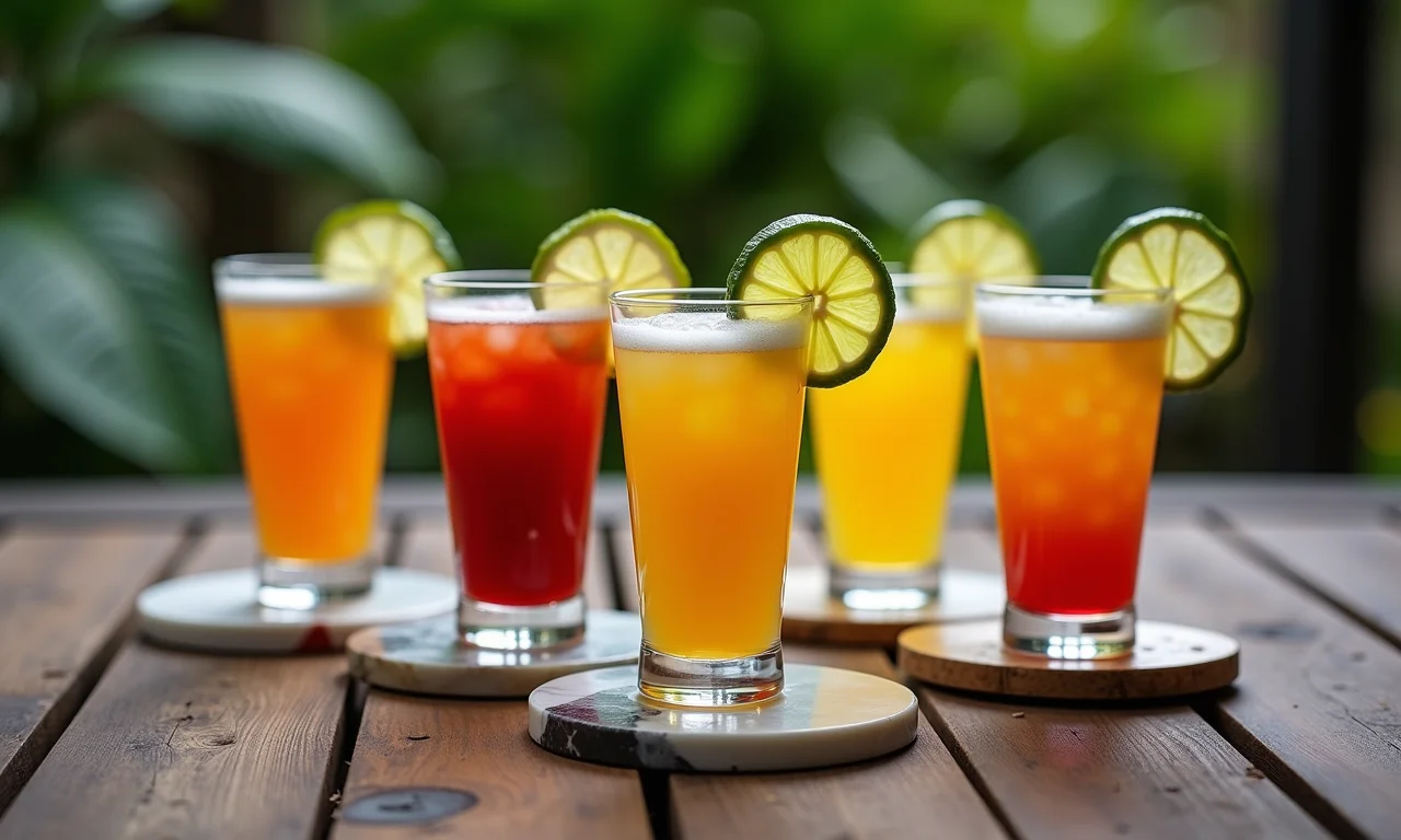 Apoios de copo de mármore sob caipirinhas coloridas.