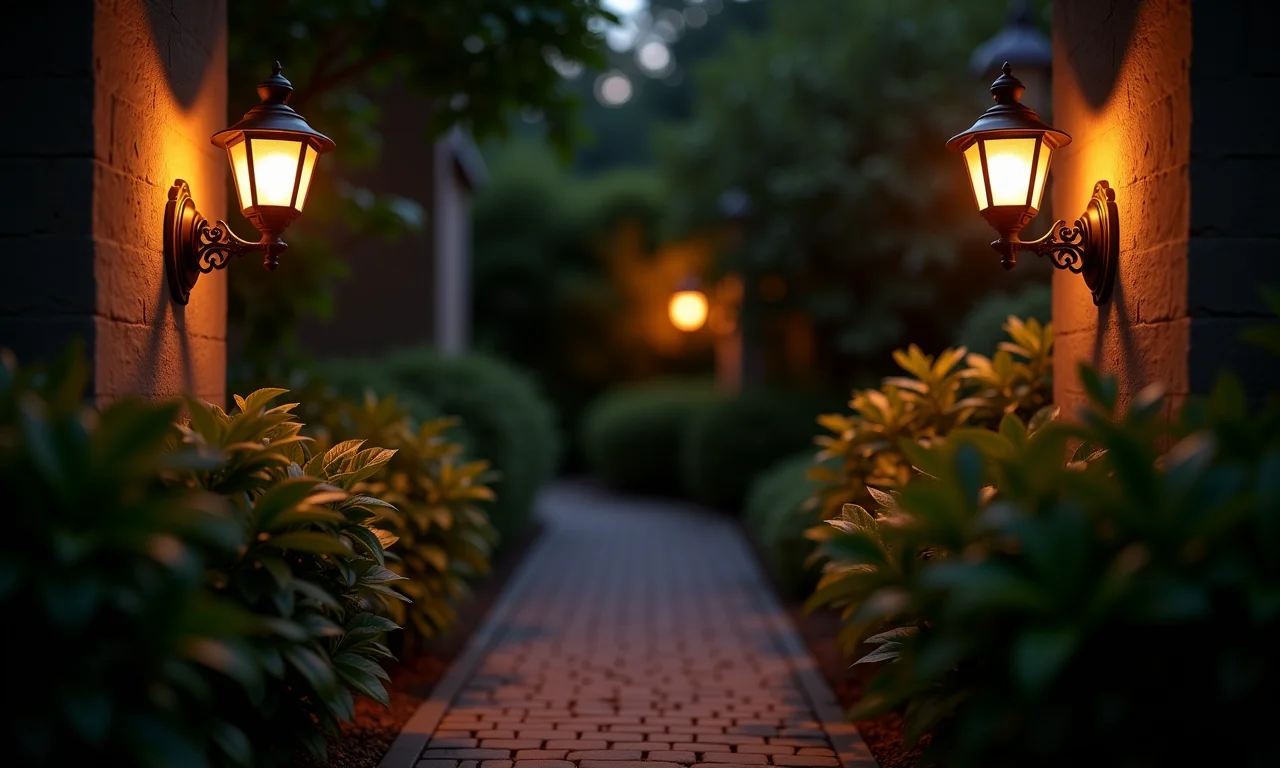 Arandelas de ferro iluminando um jardim à noite.