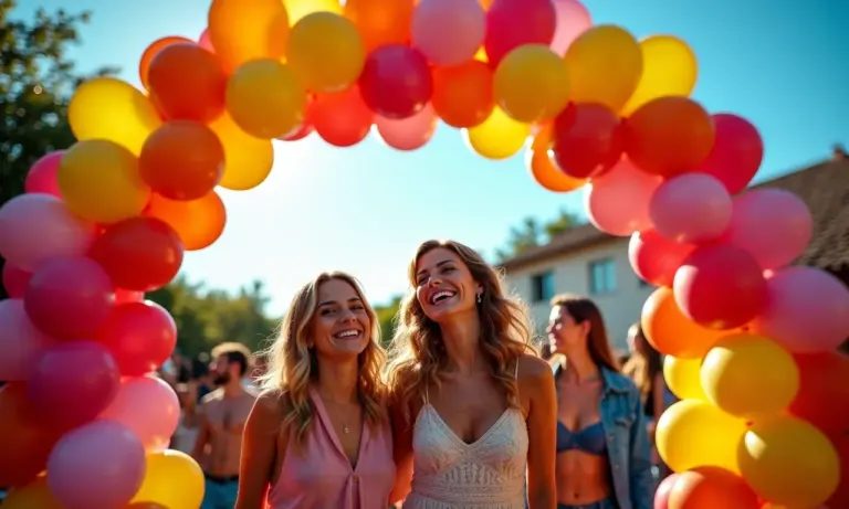 Arco de balões desconstruído em festa brasileira vibrante.