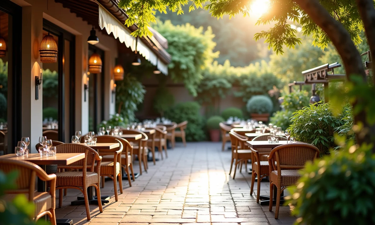 Área externa de restaurante limpa e convidativa.