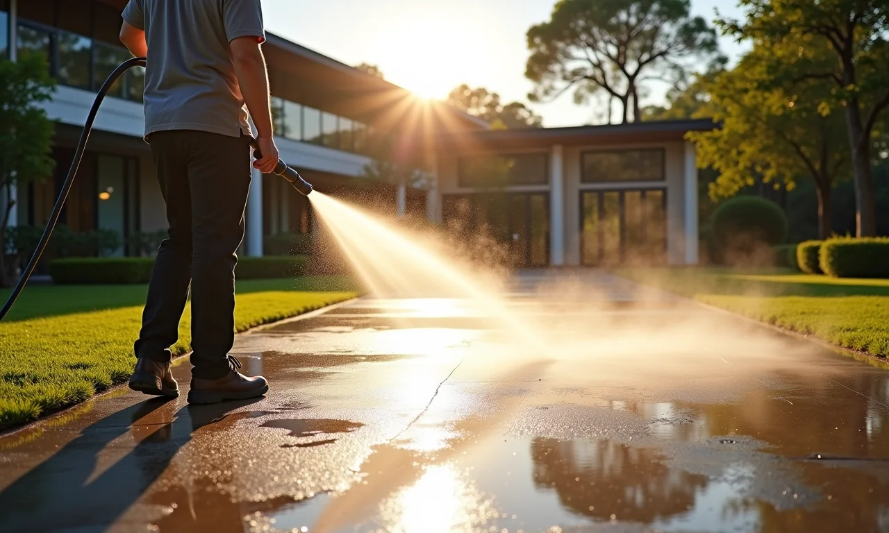 Área externa sendo lavada com máquina de pressão para evento, paisagem brasileira.