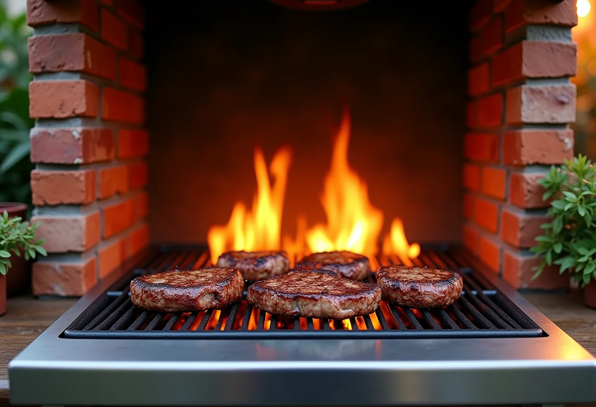 Área gourmet com churrasqueira renovada e carnes grelhando.