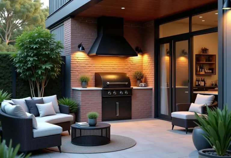 Área gourmet renovada com churrasqueira moderna e mobiliário elegante.