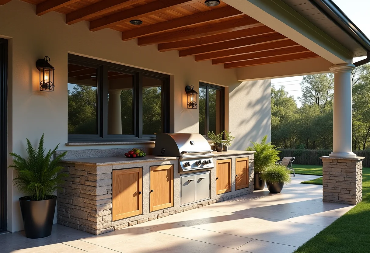 Área gourmet renovada com churrasqueira recém-pintada.