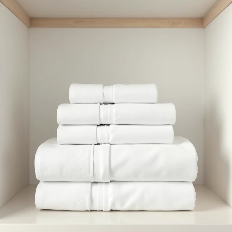 Armário organizado com toalhas de mesa brancas empilhadas