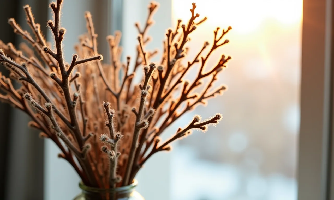 Arranjo elegante com galhos secos em um vaso, destacando sua beleza escultural.