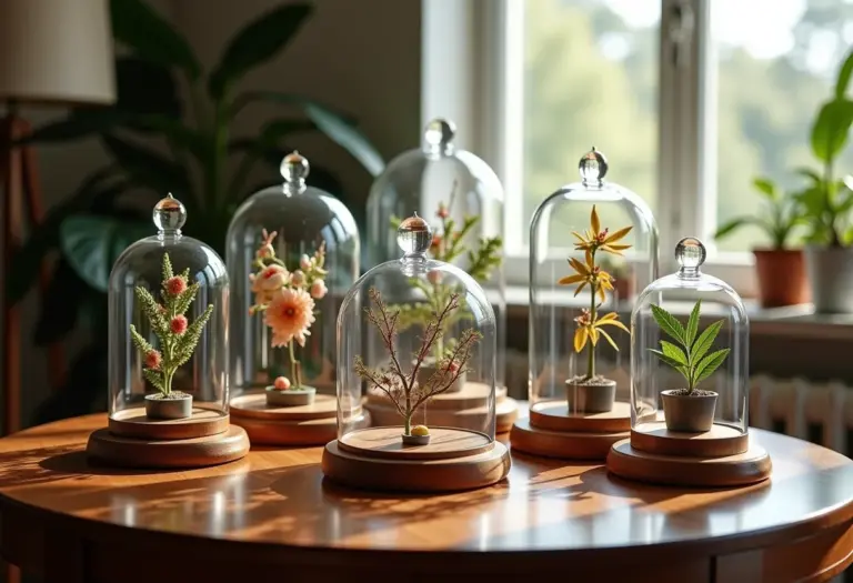 Arranjo elegante de cúpulas de vidro protegendo objetos preciosos sob luz natural.