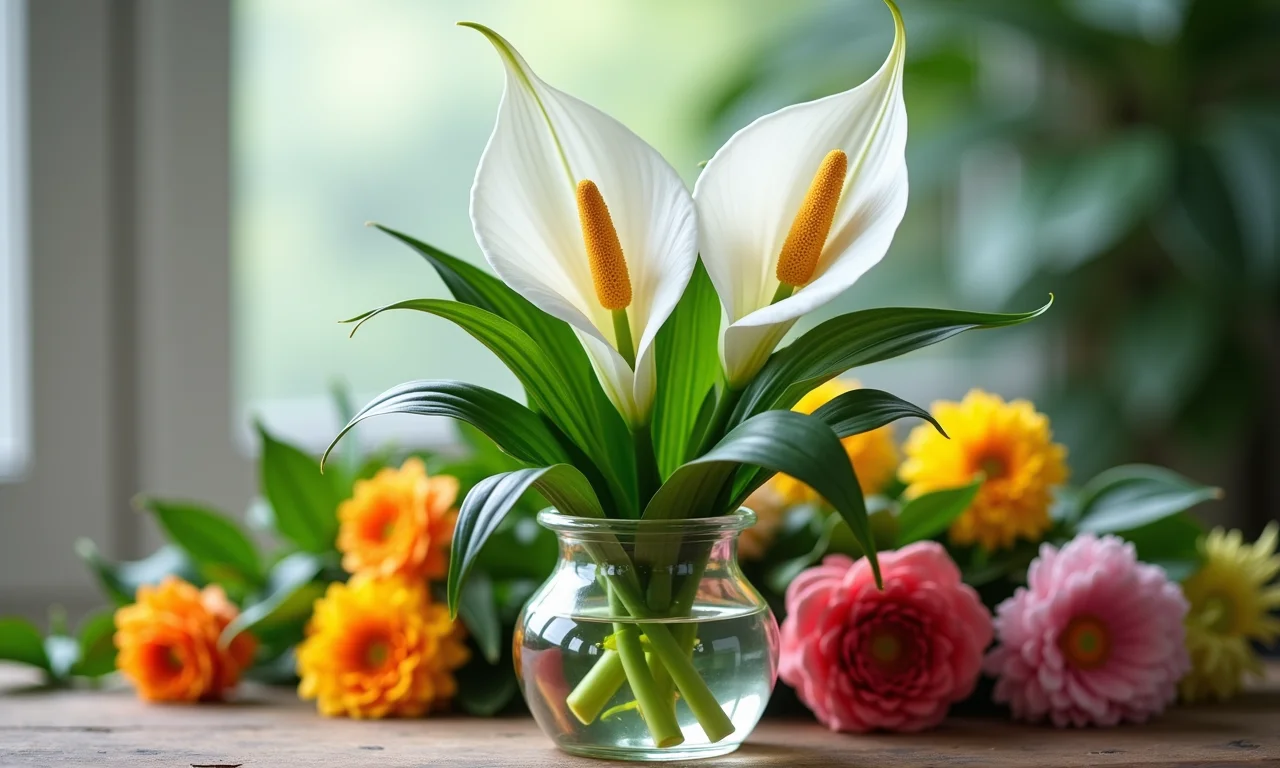 Arranjos criativos com lírios da paz e outras flores.