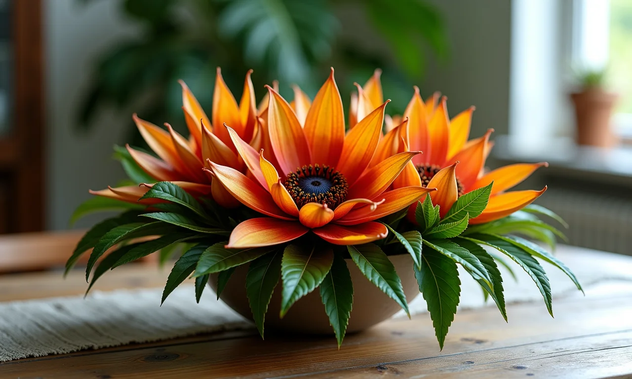 Arranjos de folhas secas em mesa de jantar.