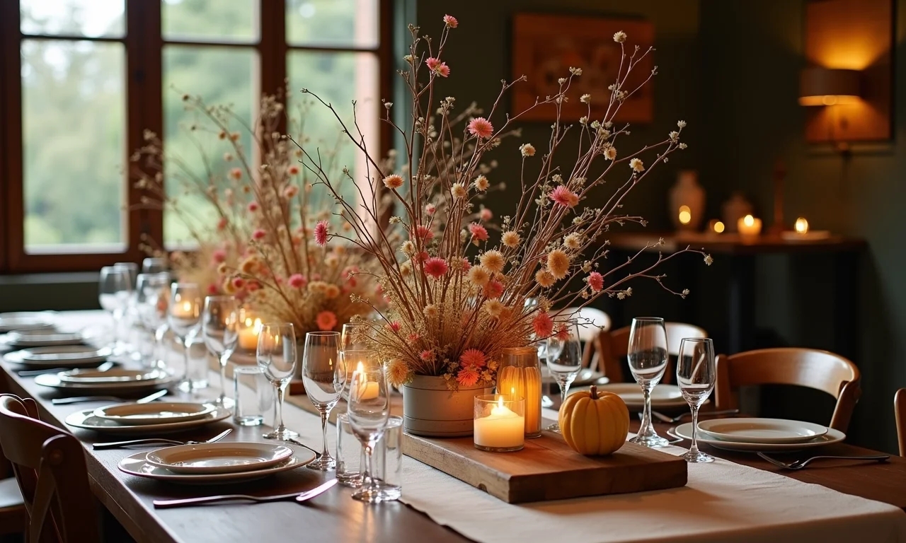 Arranjos de mesa com galhos secos e flores, decorando um evento elegante.