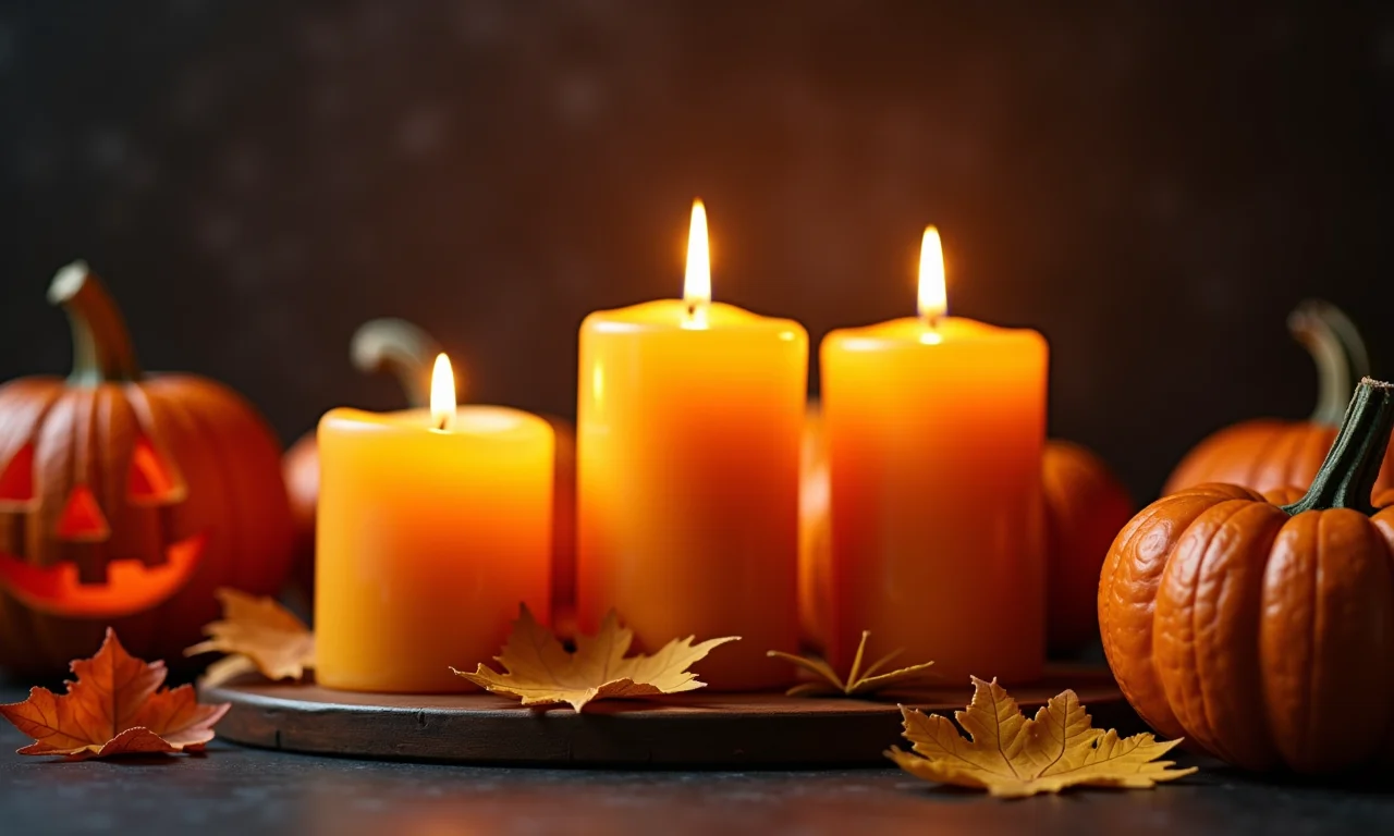 Arranjos de velas com abóboras decoradas.