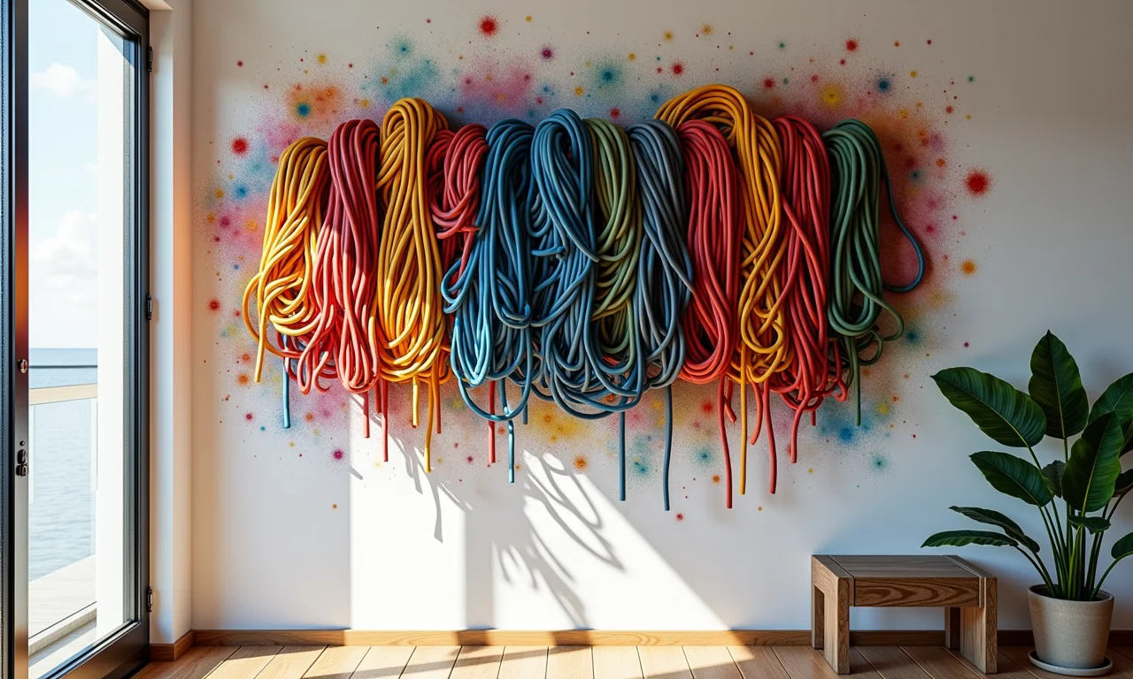 Arte com cabos coloridos na parede.