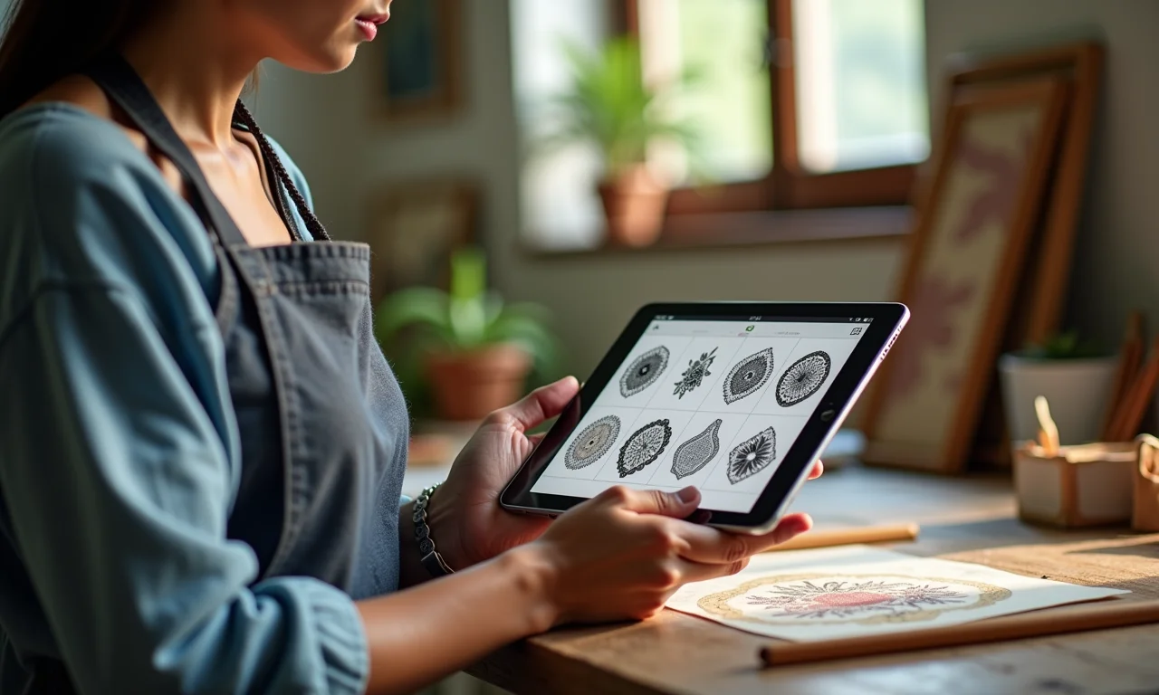 Artesã visualizando moldes e riscos digitalizados em um tablet.