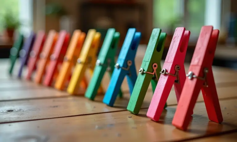Artesanato criativo feito com pregadores de roupa coloridos em mesa de madeira.
