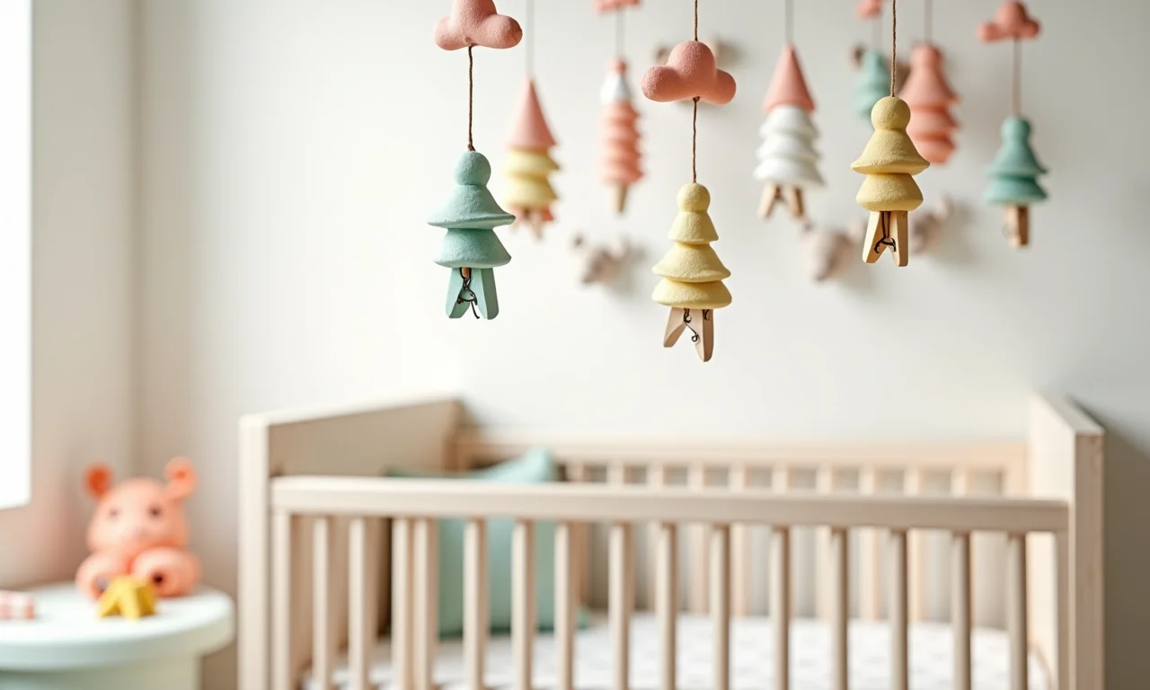 Artesanato para quarto de bebê feito com pregadores.