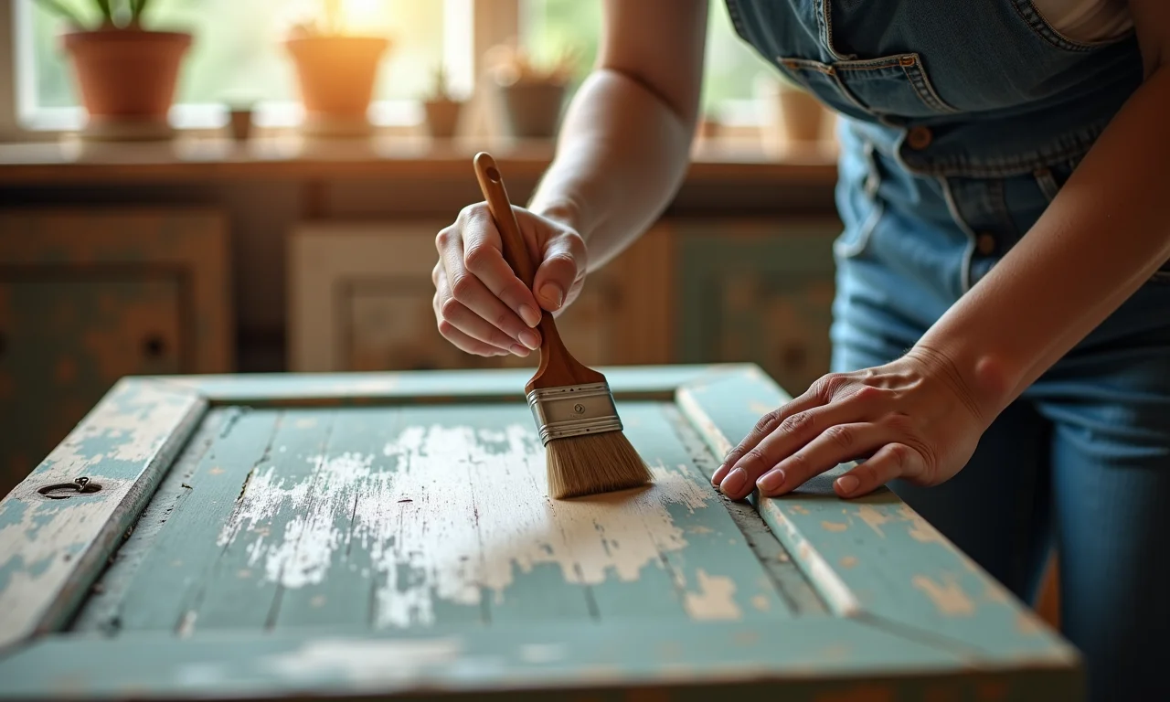 Artesão aplicando pátina em armário de madeira vintage.