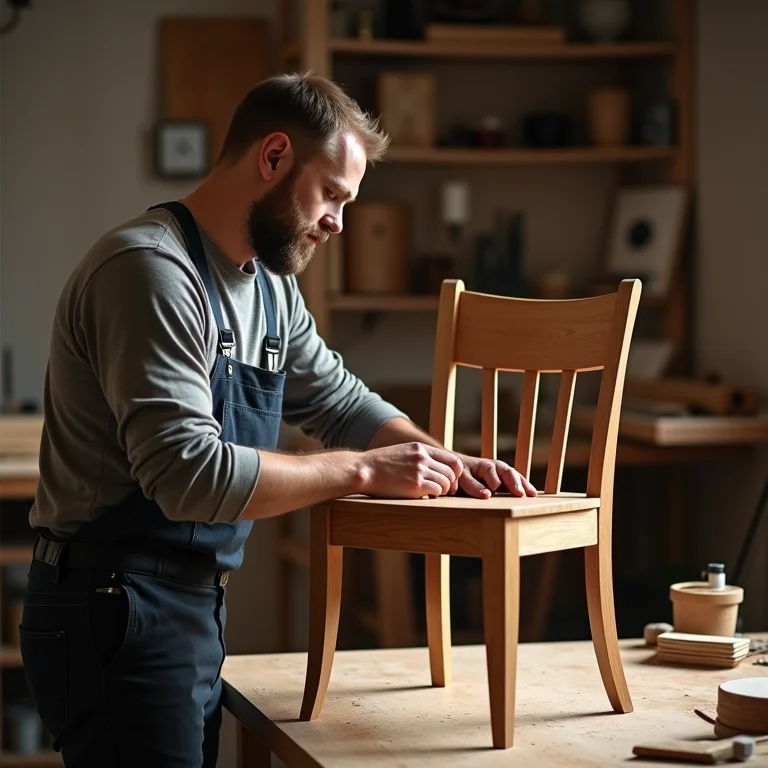 Artesão inspecionando a qualidade de uma cadeira de madeira.