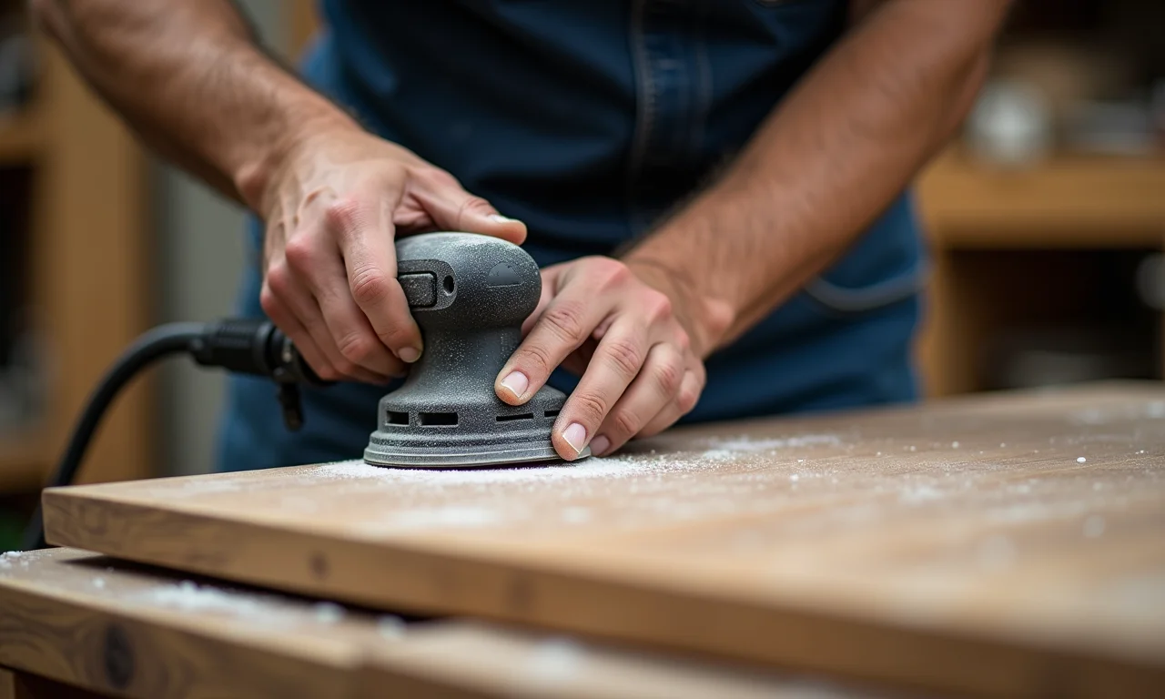 Artesão lixando móvel de madeira para pátina.