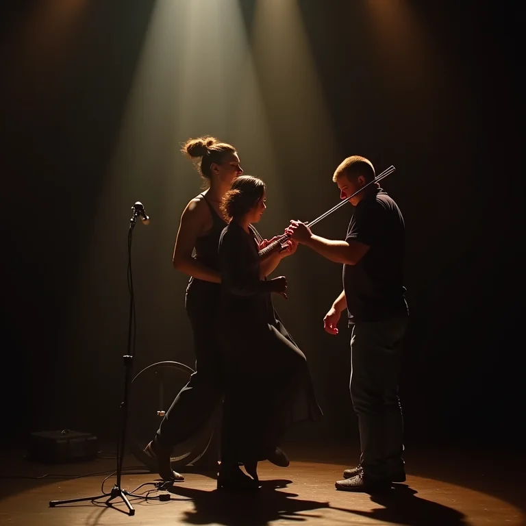 Artistas e técnicos trabalhando juntos em um evento