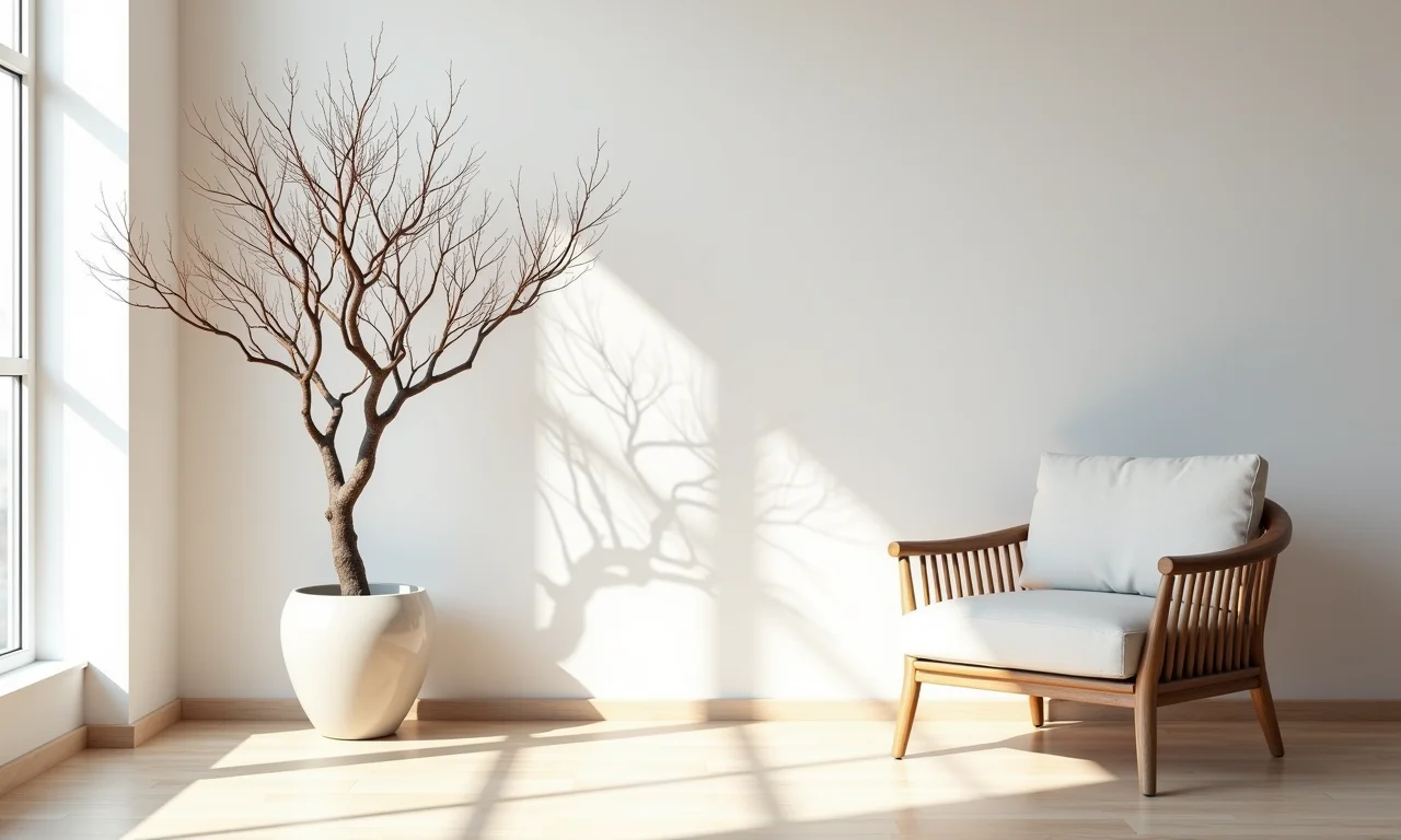 Árvore de galhos secos decorando uma sala de estar iluminada.