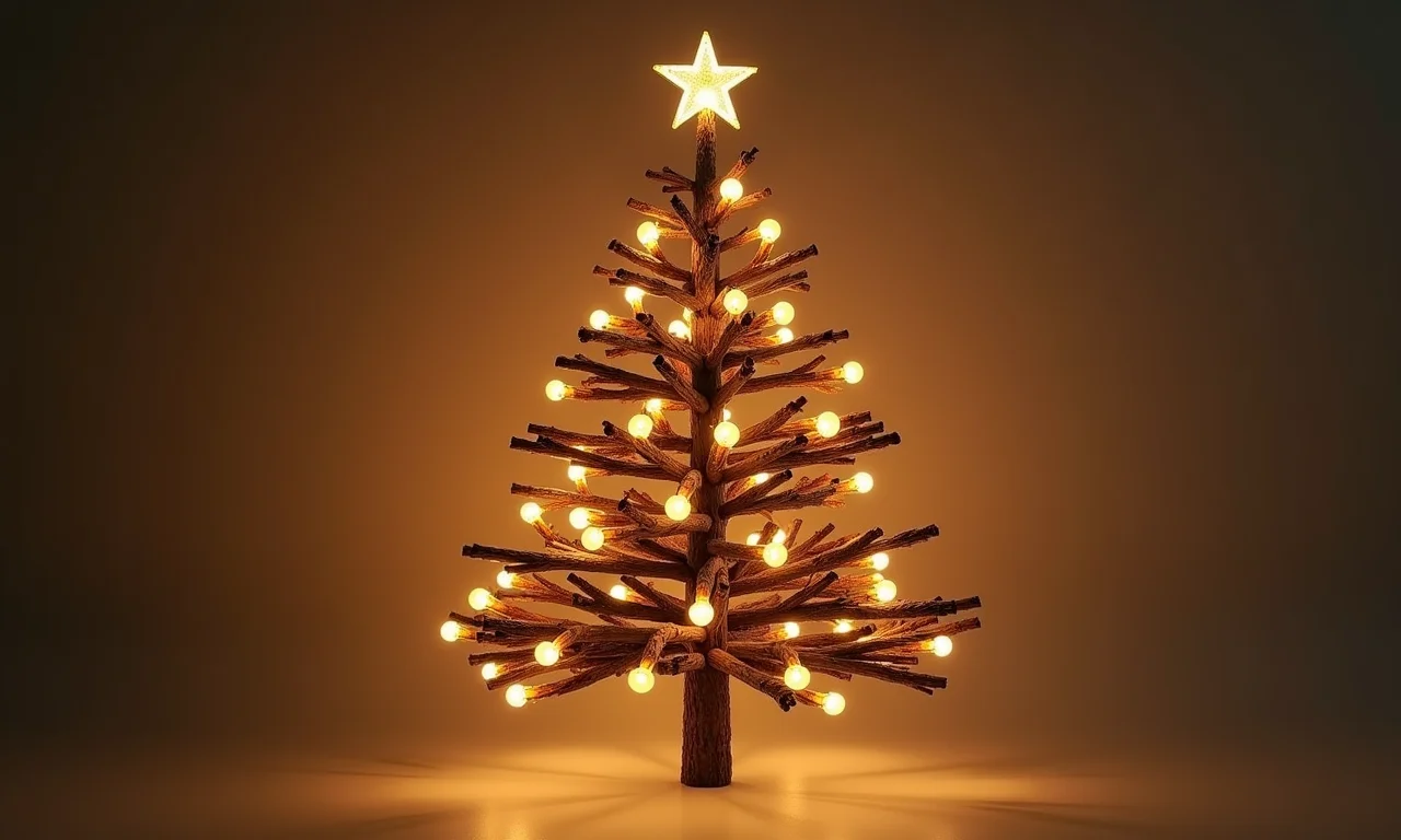 Árvore de Natal criativa feita com galhos secos e luzes suaves.