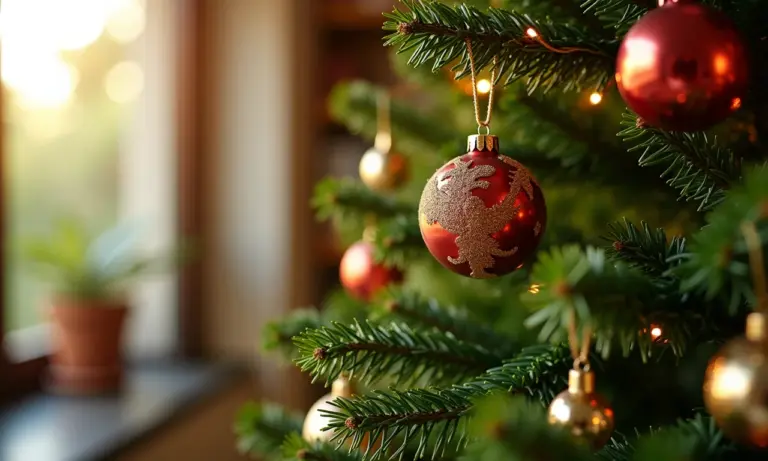 Árvore de Natal sustentável decorada com enfeites ecológicos em casa aconchegante.