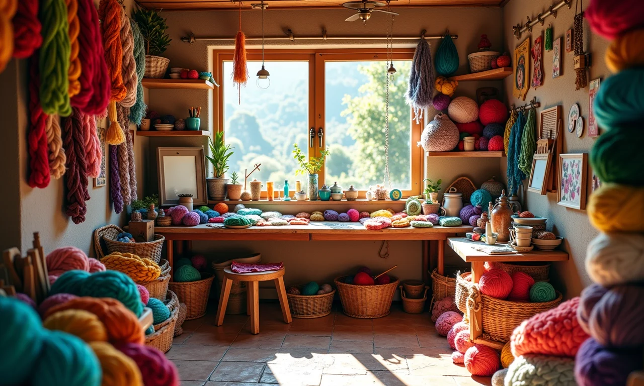 Ateliê de artesanato organizado com materiais coloridos e luz natural.