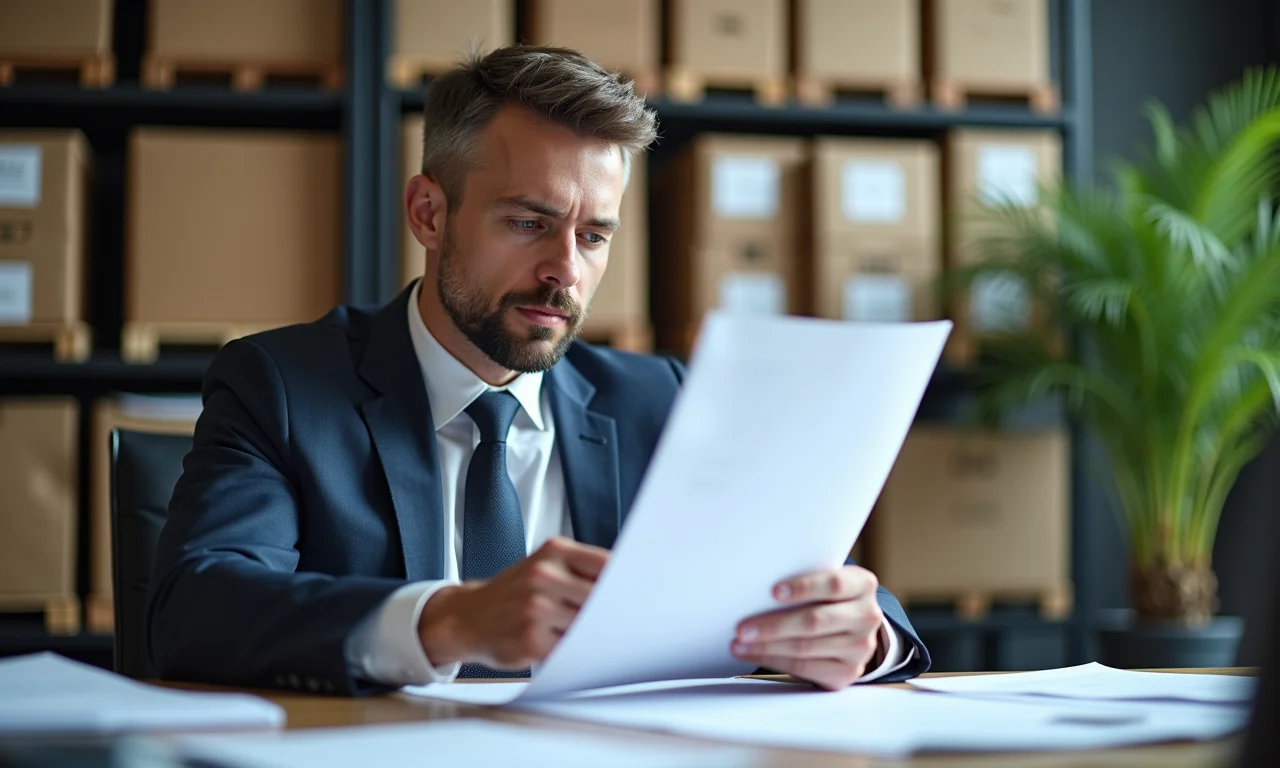 Auditor interno revisando documentos de inventário.