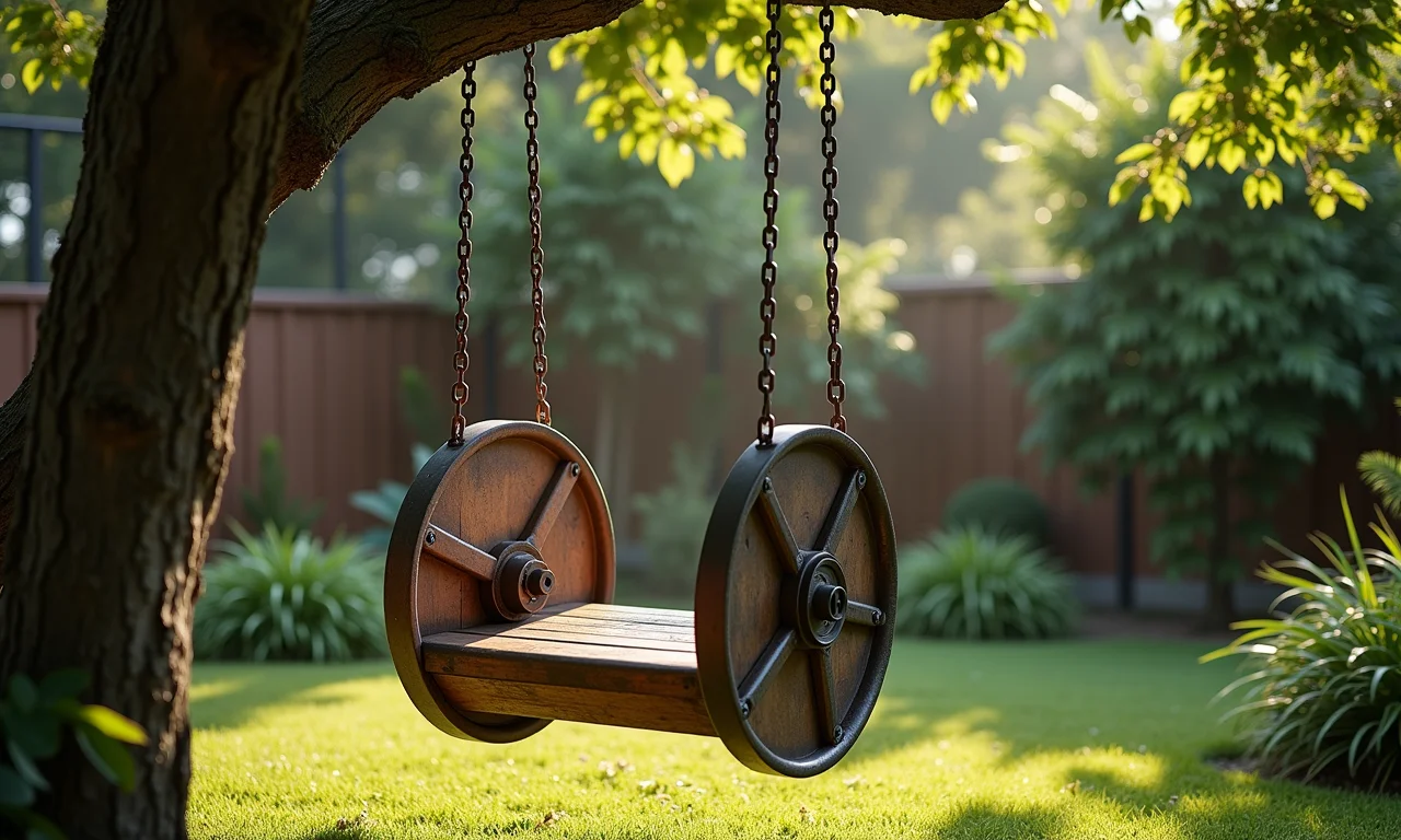 Balanço feito de carretel de fio pendurado em uma árvore em um jardim brasileiro.