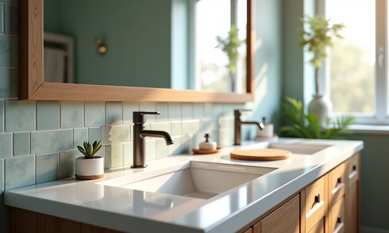 Bancada da pia do banheiro com pastilhas.