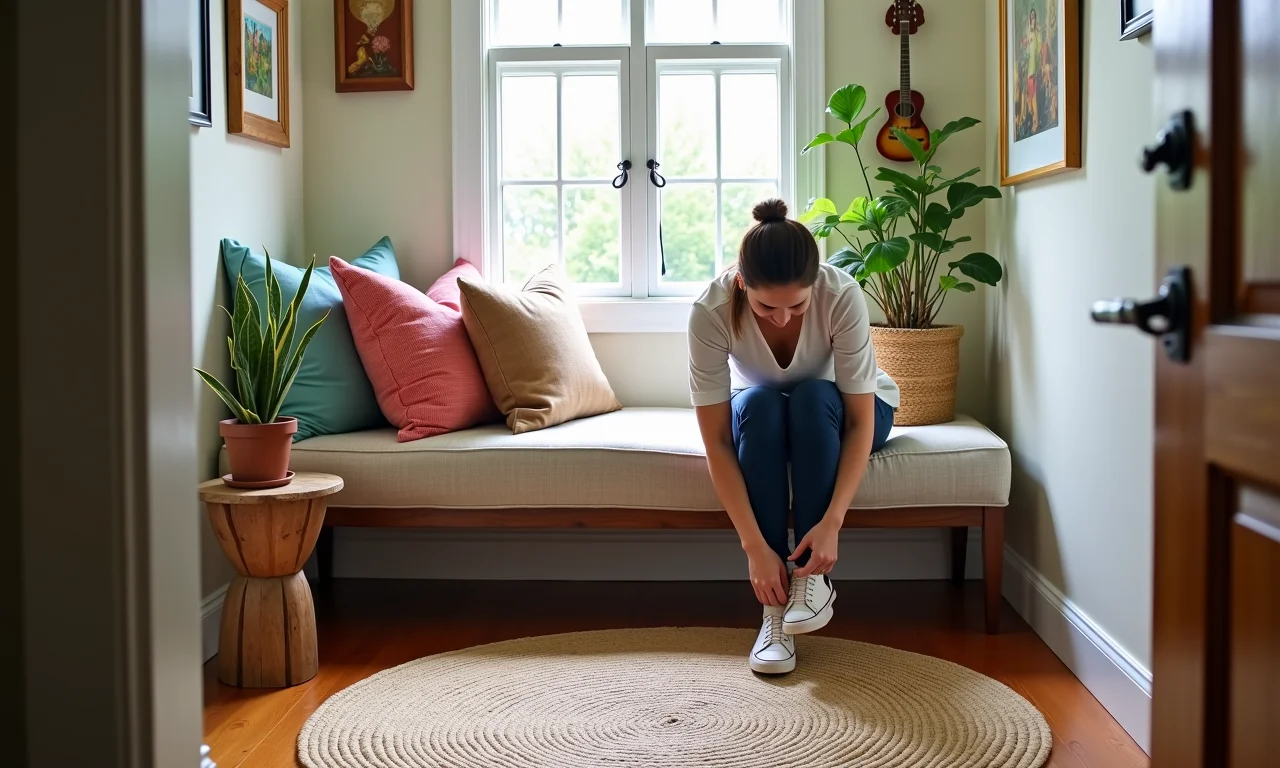 Banco confortável no hall de entrada com almofadas coloridas e tapete aconchegante.