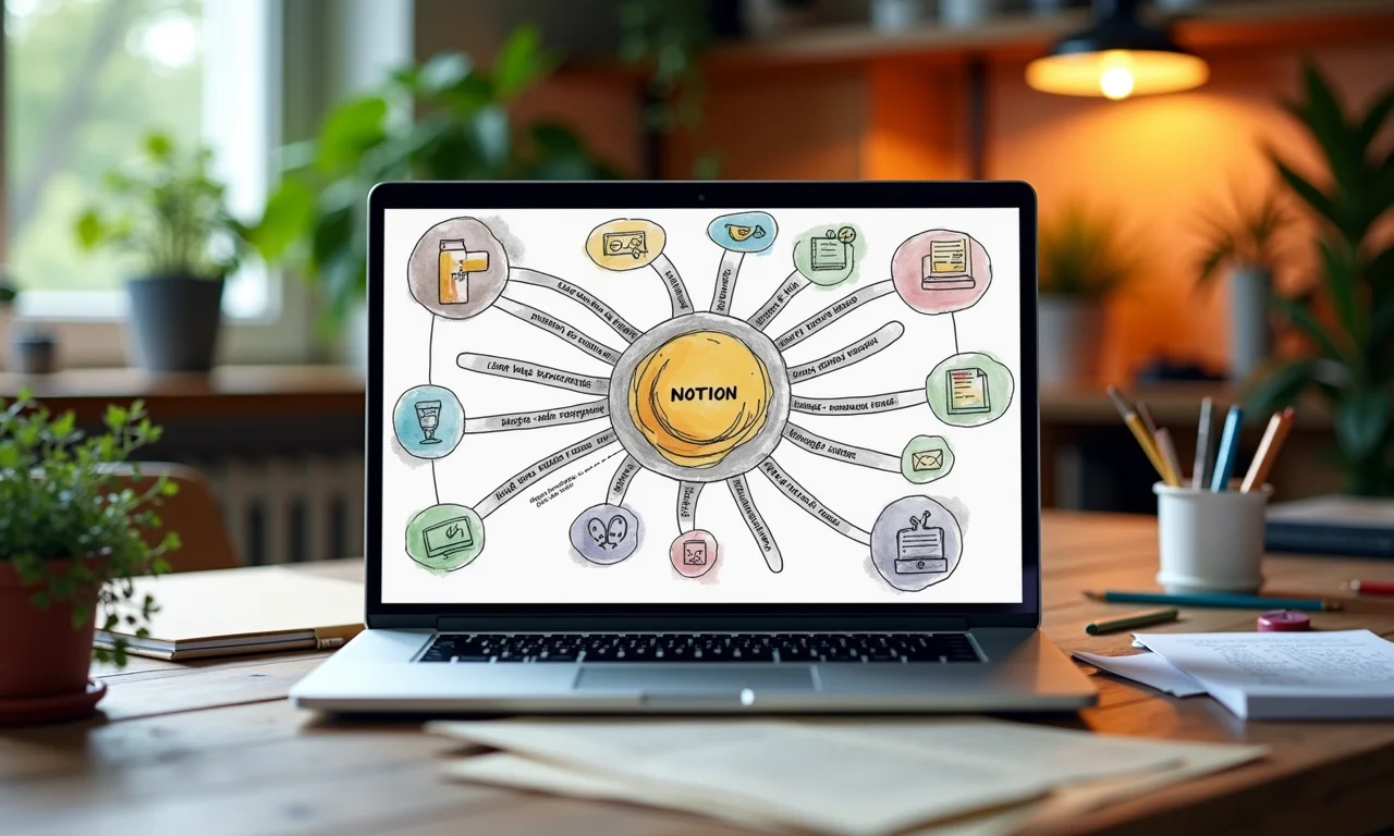 Banco de dados de ideias no Notion com mapas mentais e anotações.