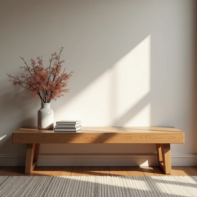 Banco de madeira simples usado como mesa de centro