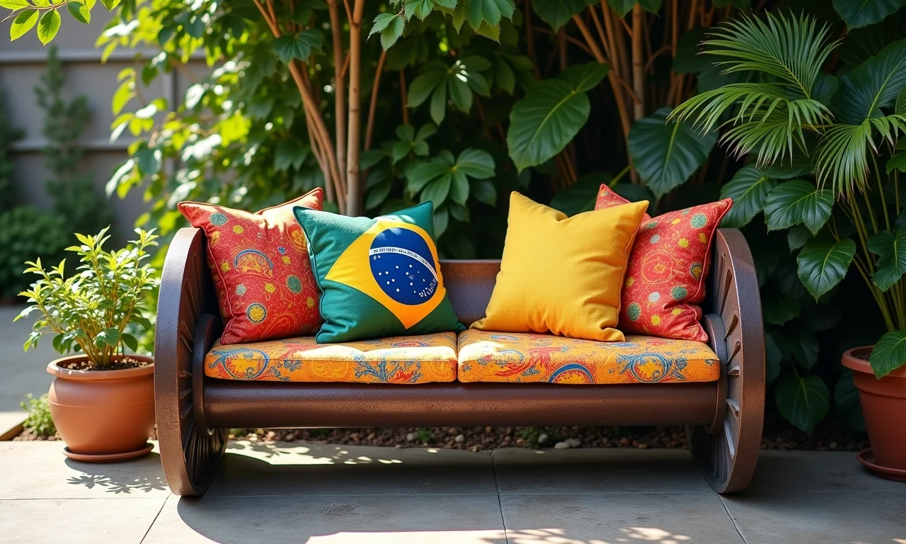 Banco feito de carretel de fio com tecidos e almofadas coloridas em ambiente externo.