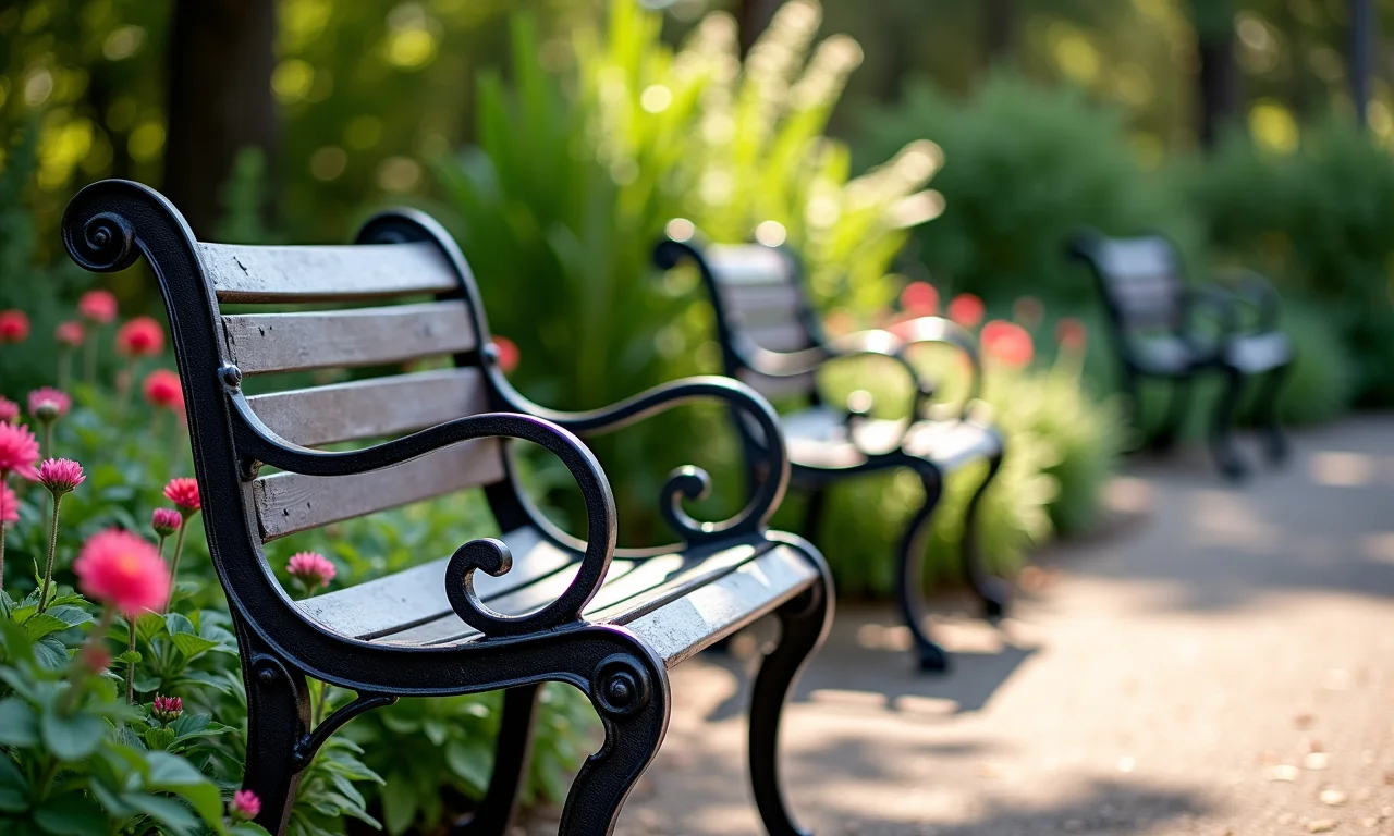 Bancos de ferro com design clássico em um jardim florido.