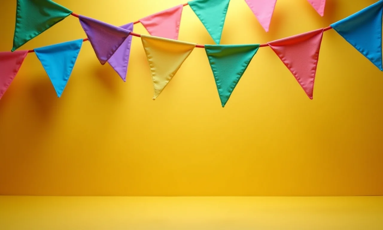 Bandeirolas de tecido coloridas, alegria e festa em espaço iluminado.