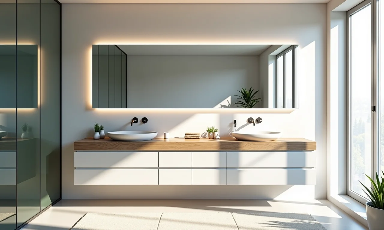 Banheiro amplo com espelheira grande que amplia o espaço.