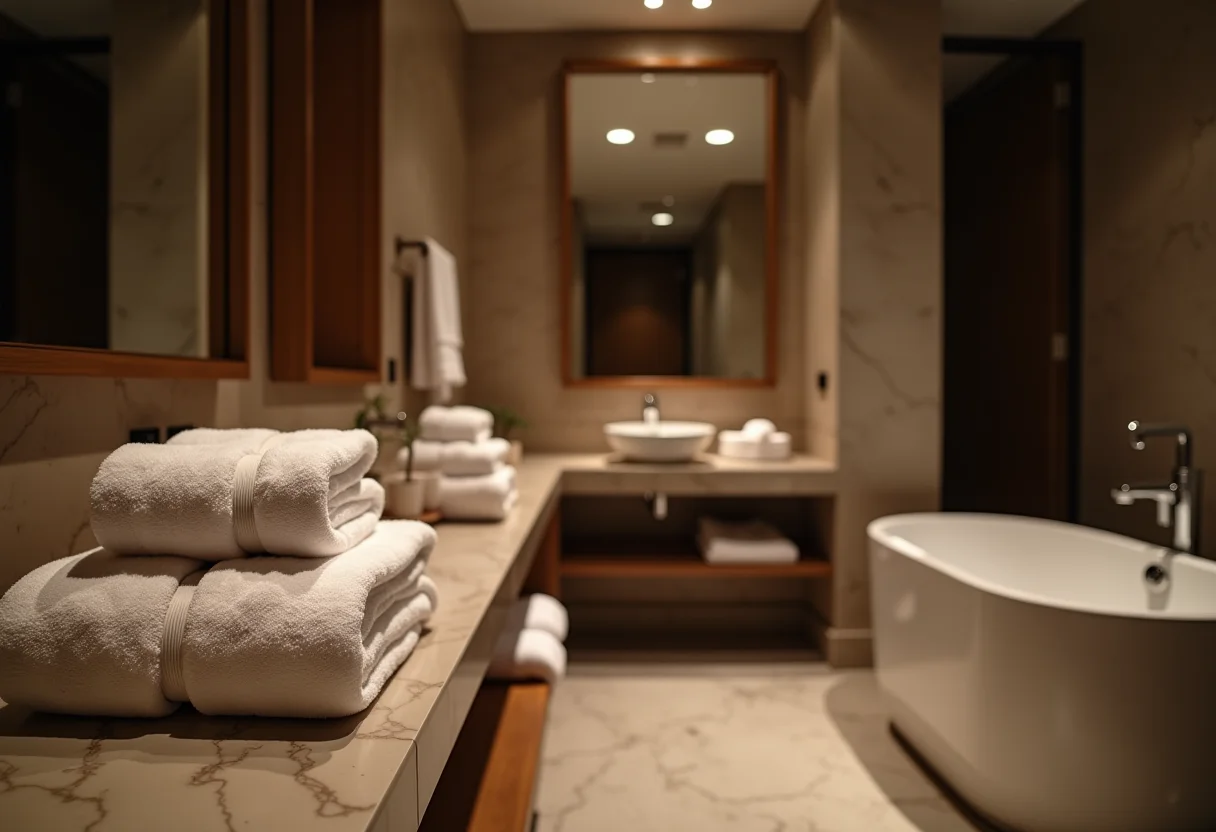 Banheiro de luxo com toalhas organizadas como em hotel cinco estrelas