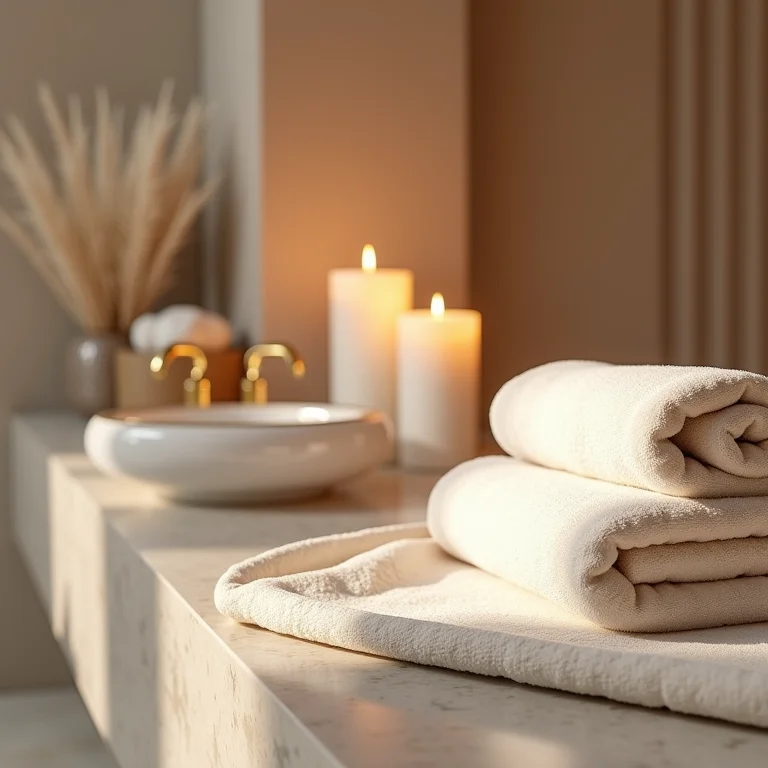 Banheiro decorado com toalhas elegantemente dobradas
