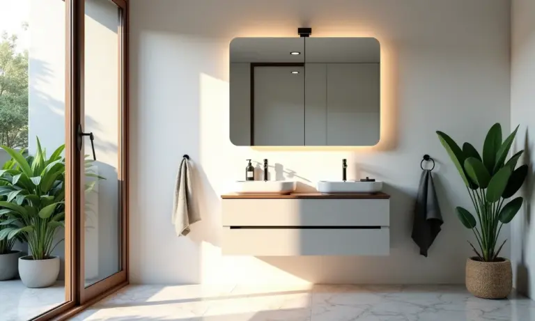 Banheiro iluminado com espelheira moderna e decoração brasileira.