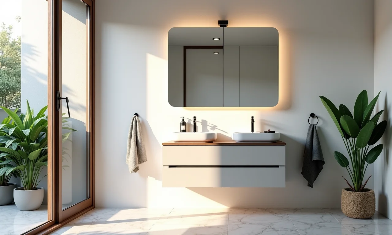 Banheiro iluminado com espelheira moderna e decoração brasileira.