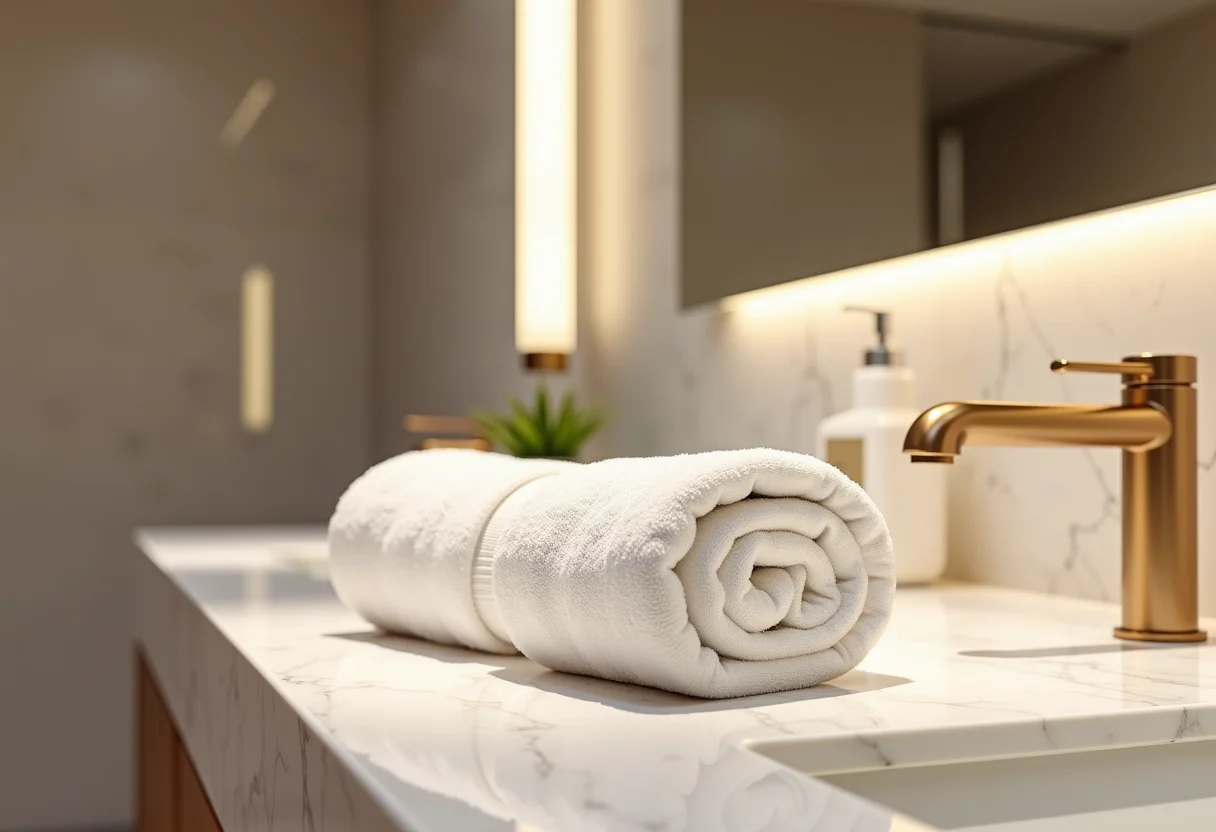 Banheiro luxuoso com toalhas de banho organizadas como em hotel de luxo.