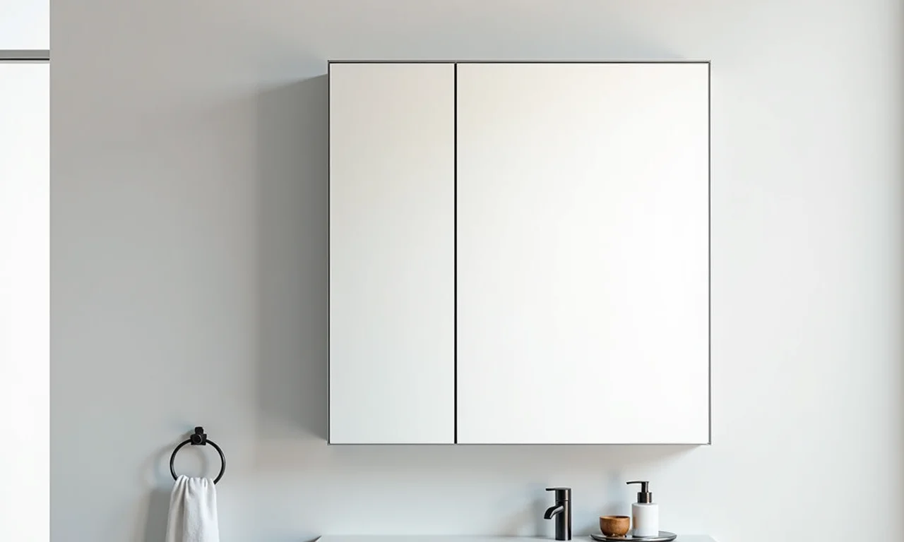 Banheiro moderno com espelheira de design minimalista.