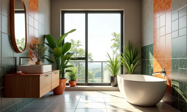 Banheiro moderno com pastilhas coloridas e iluminação natural.