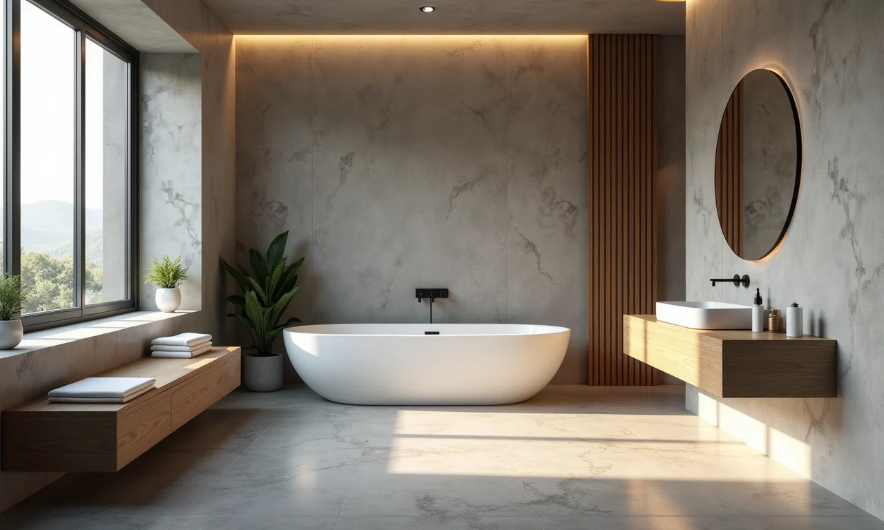 Banheiro moderno com piso de cimento queimado.