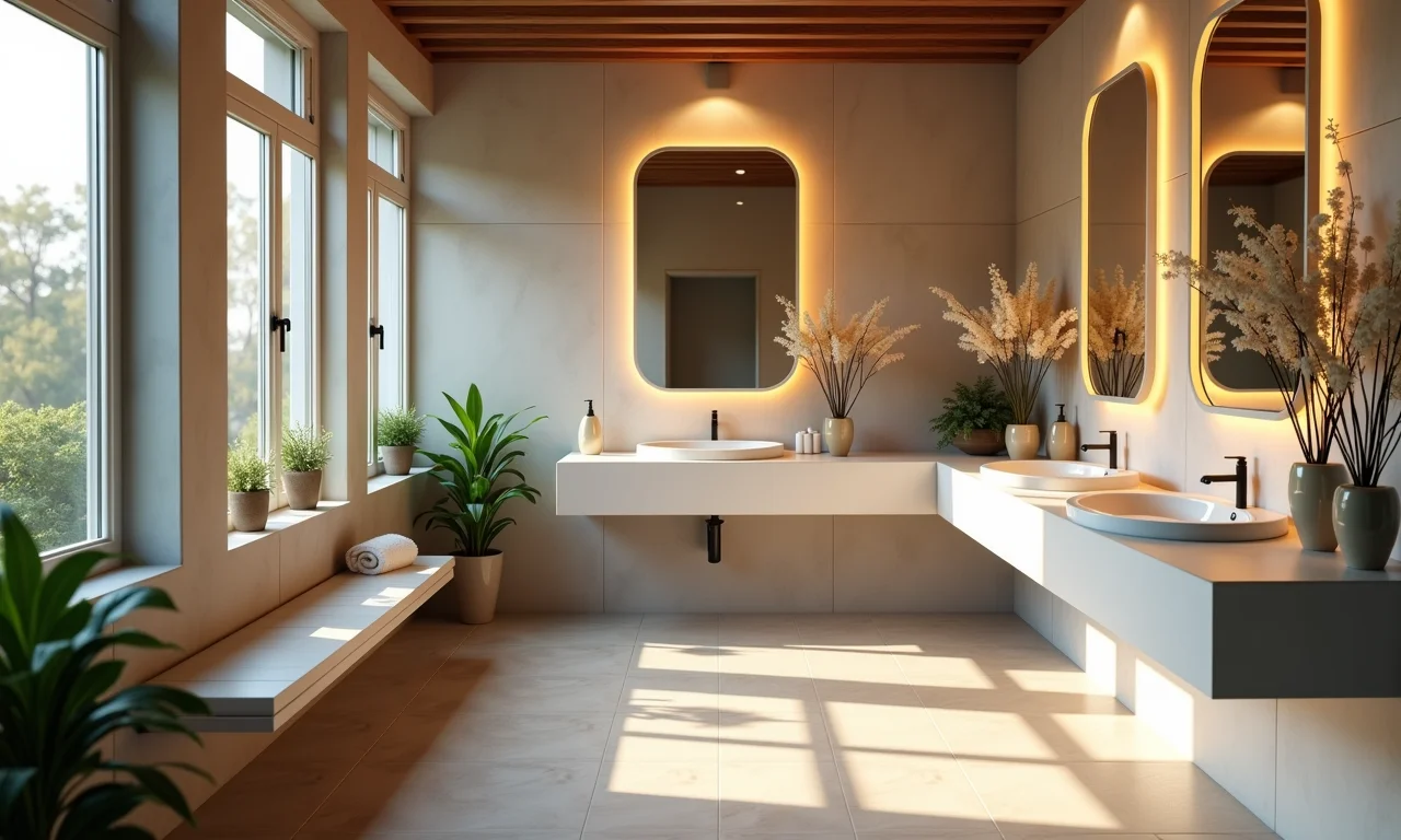 Banheiros de restaurante limpos e bem decorados.