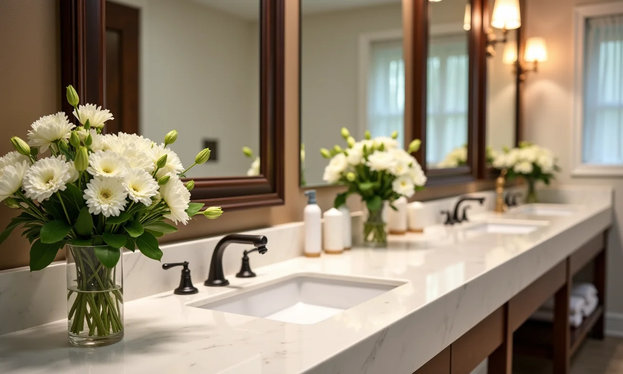 Banheiros limpos e bem cuidados em evento, flores frescas, espelhos impecáveis.